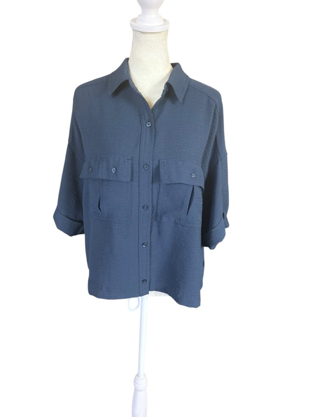 Worthington blue short sleeve collared button down shirt women's size Large